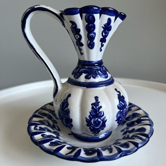 Beautiful Pitcher And Bowl Small Blue White Ceramic Handpainted Portugal - Picture 4 of 10